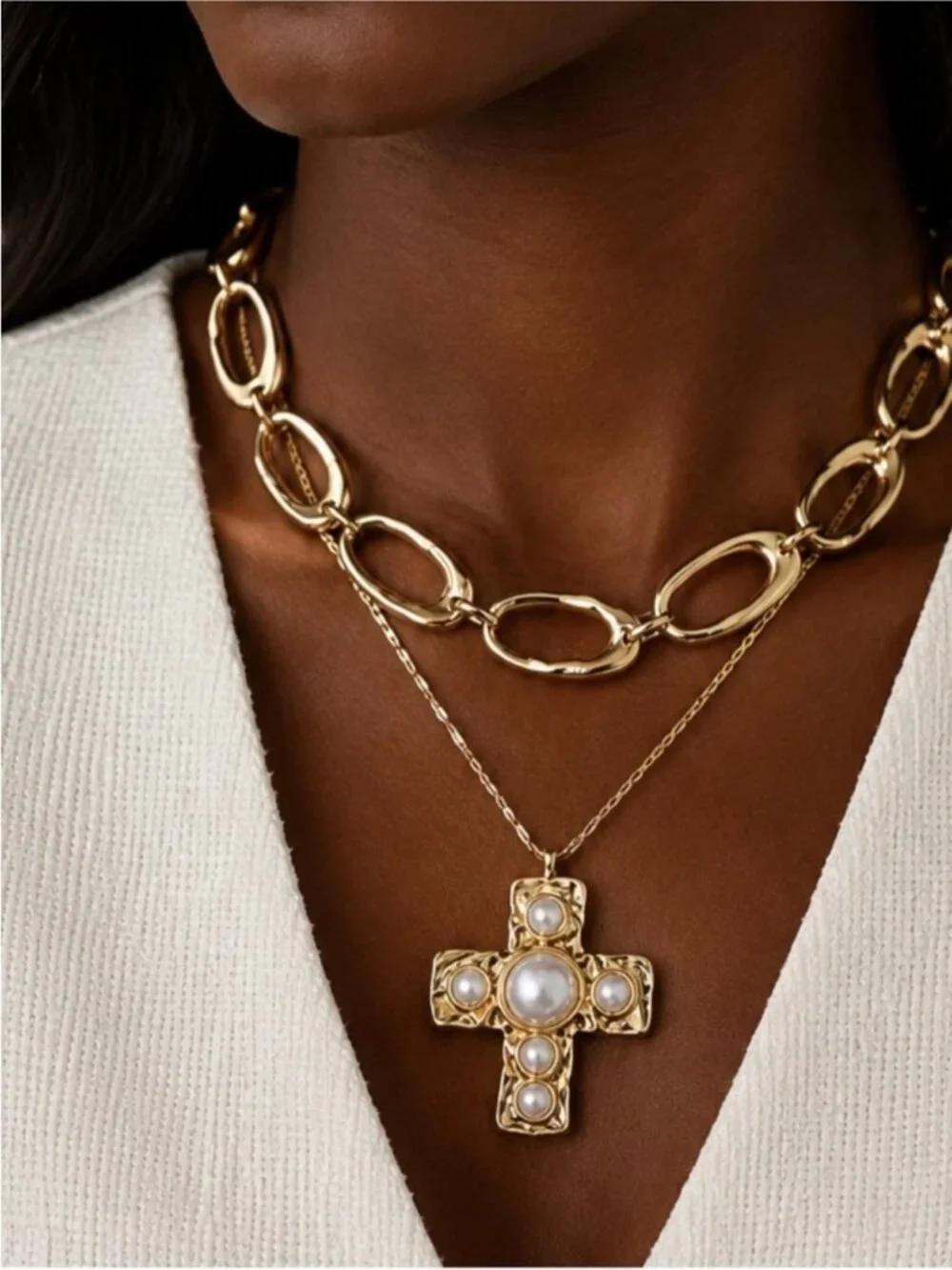 New! Preppy Classic Gold Pearl Cross Necklace Stack Set NWOT 5037
